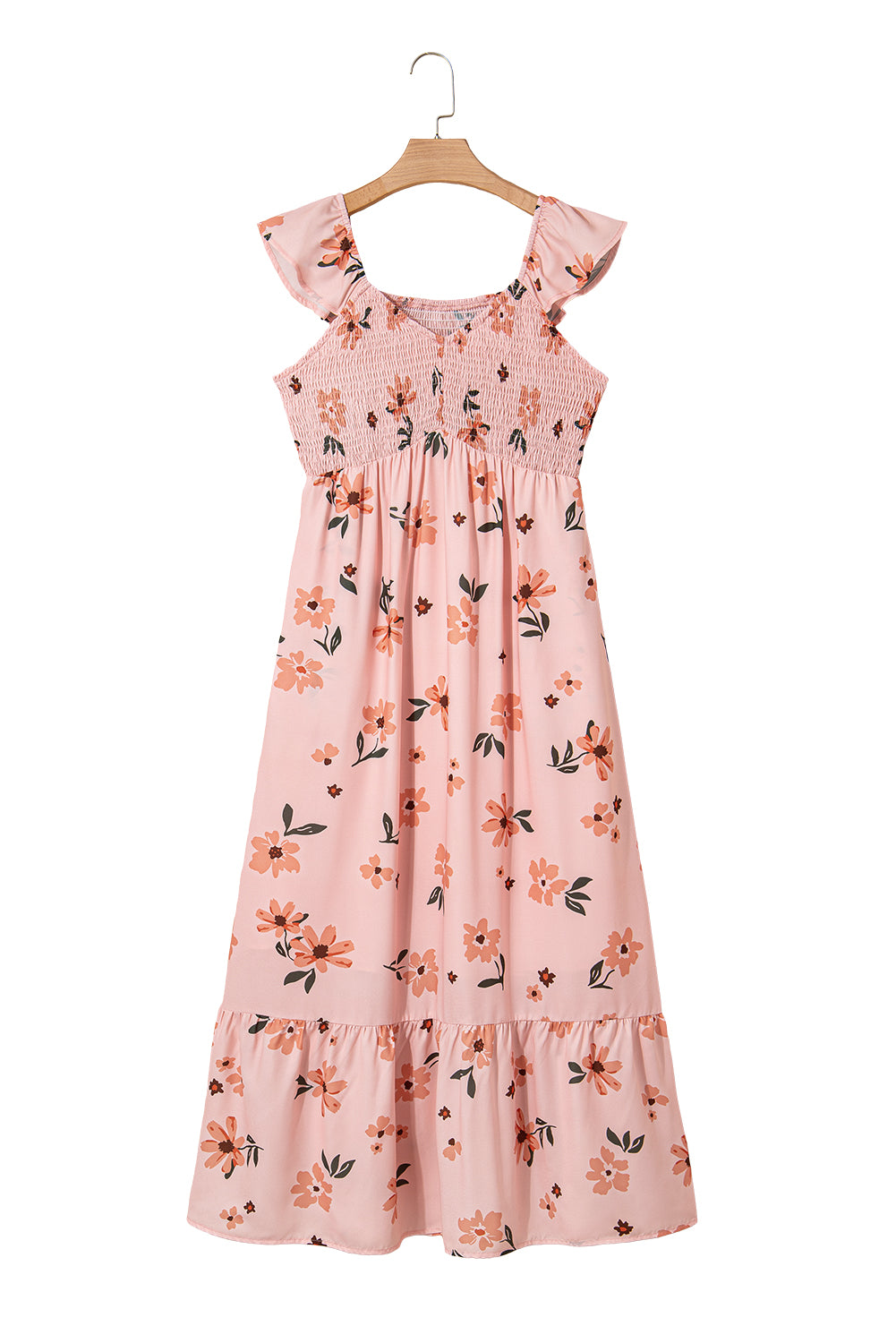 Pink Floral V Neck Smocked High Waist Ruffle Hem Long Dress