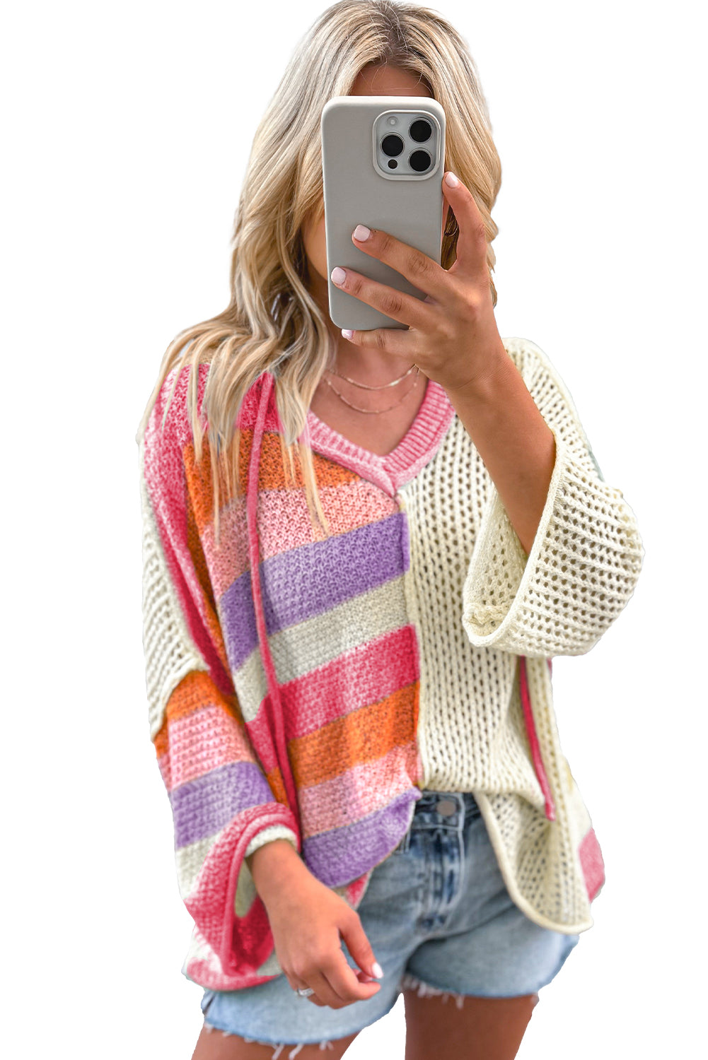 DEAR-LOVER Beige Oversized Colorblock V Neck Hooded Sweater