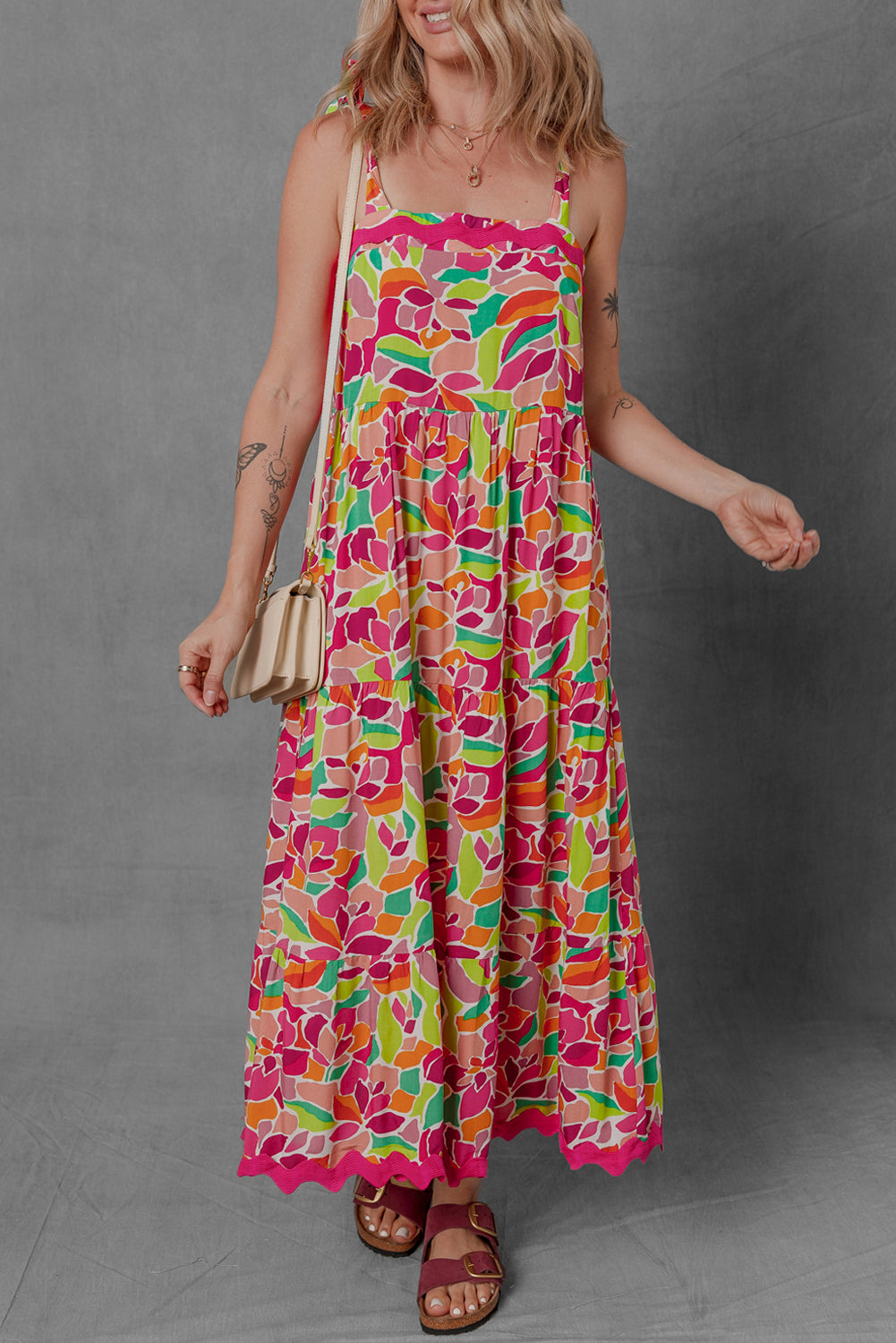 Multicolour Floral Tied Straps Ricrac Trim Maxi Dress