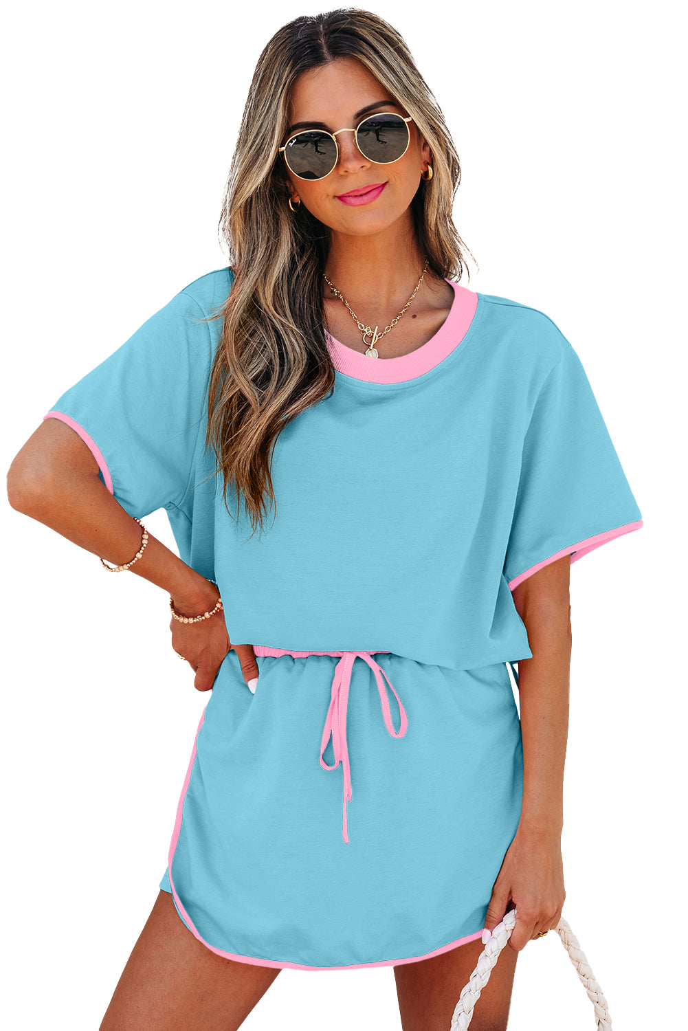 Bonbon Colorblock Edge Drop Shoulder T Shirt and Skort 2Pcs Set