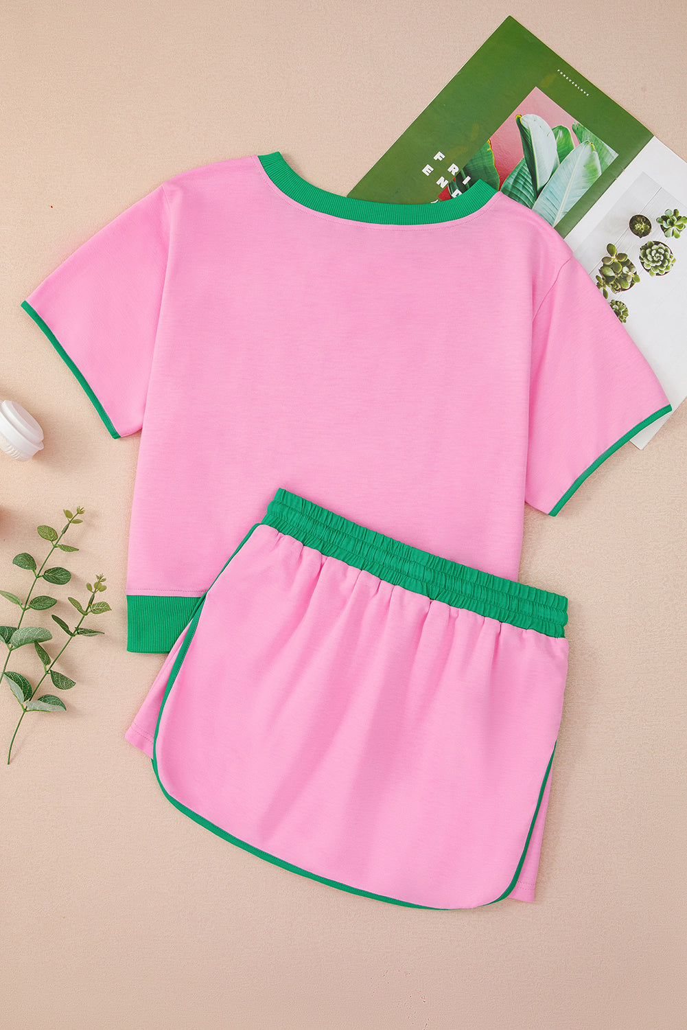 Bonbon Colorblock Edge Drop Shoulder T Shirt and Skort 2Pcs Set