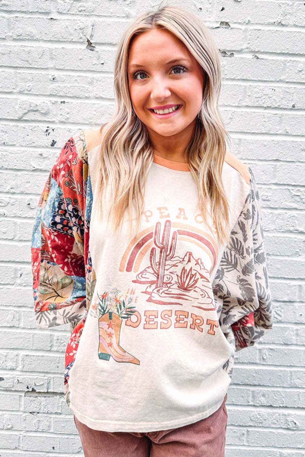 Multicolour Asymmetric Printed Patchwork Sleeve Peace Desert Graphic Top