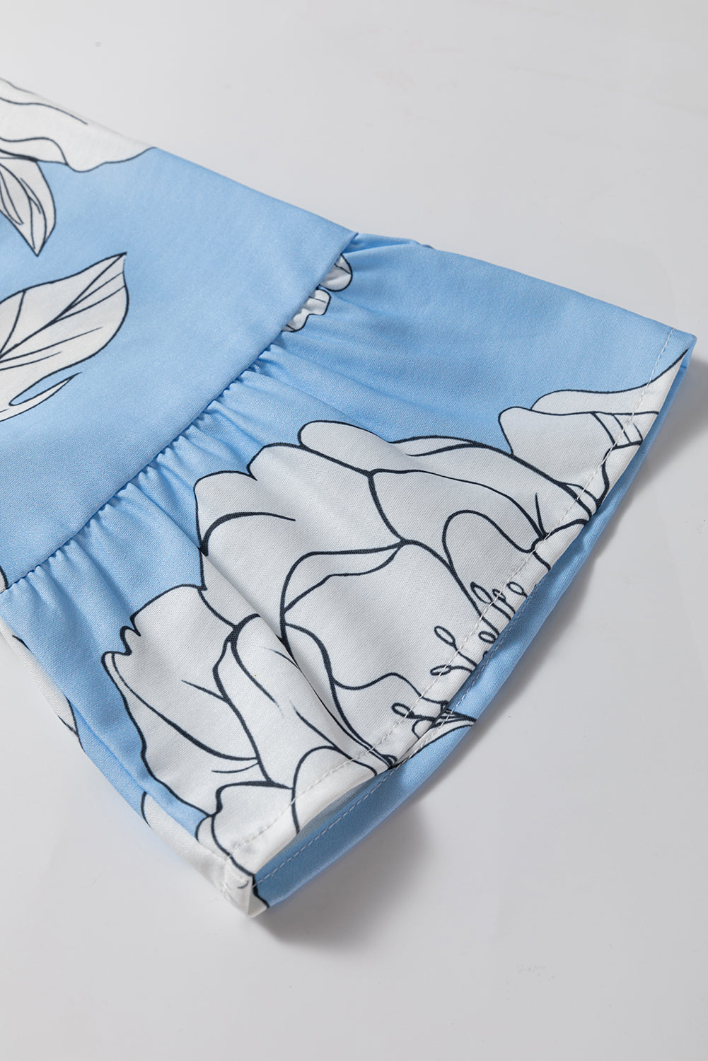 Sky Blue Floral Bracelet Sleeve V Neck Plus Size Tiered Maxi Dress