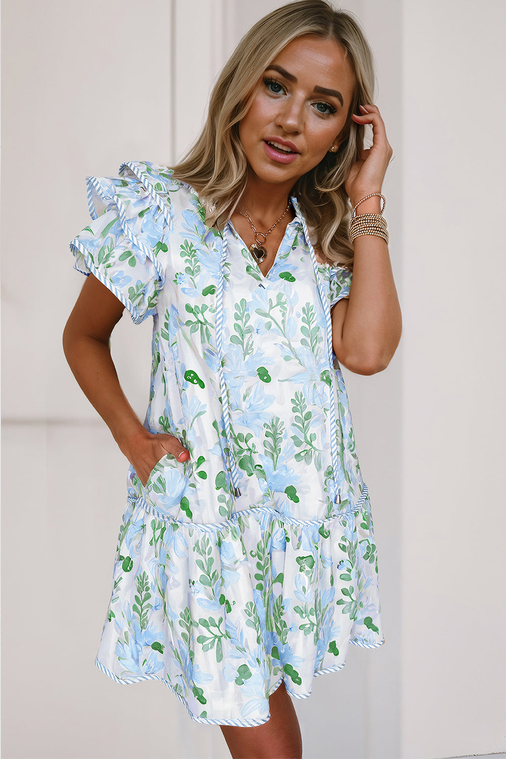 Pink Floral Contrast Edge Layered Short Sleeve Mini Dress