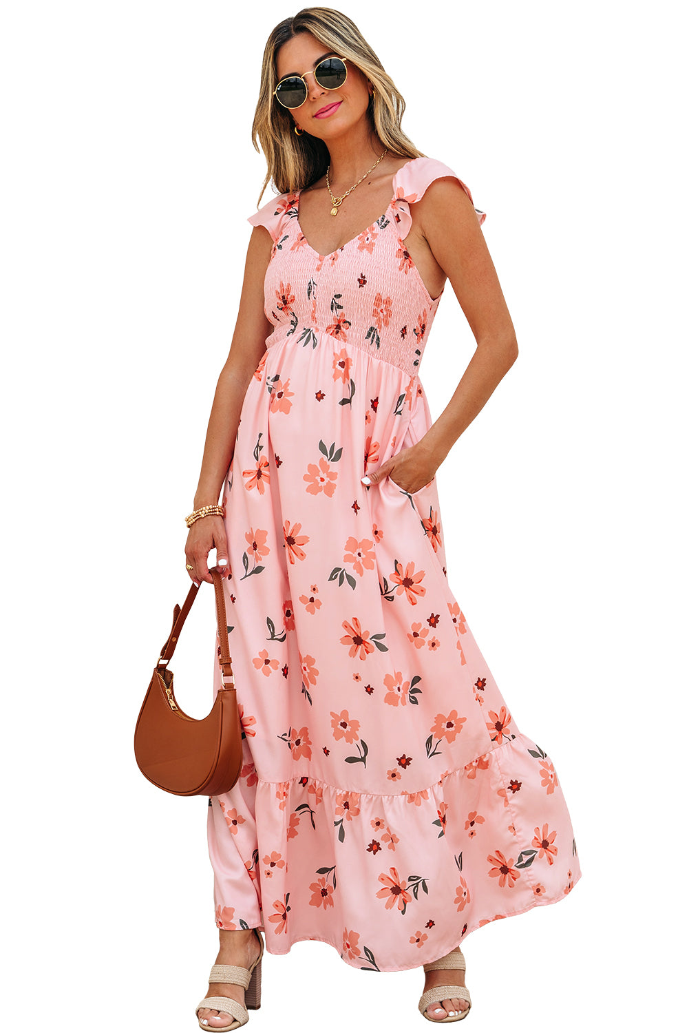 Pink Floral V Neck Smocked High Waist Ruffle Hem Long Dress
