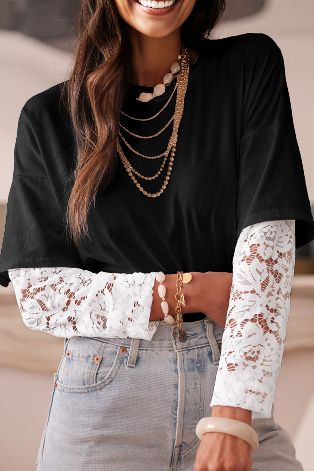 Black Lace Long Sleeve Insert Drop Shoulder Tee