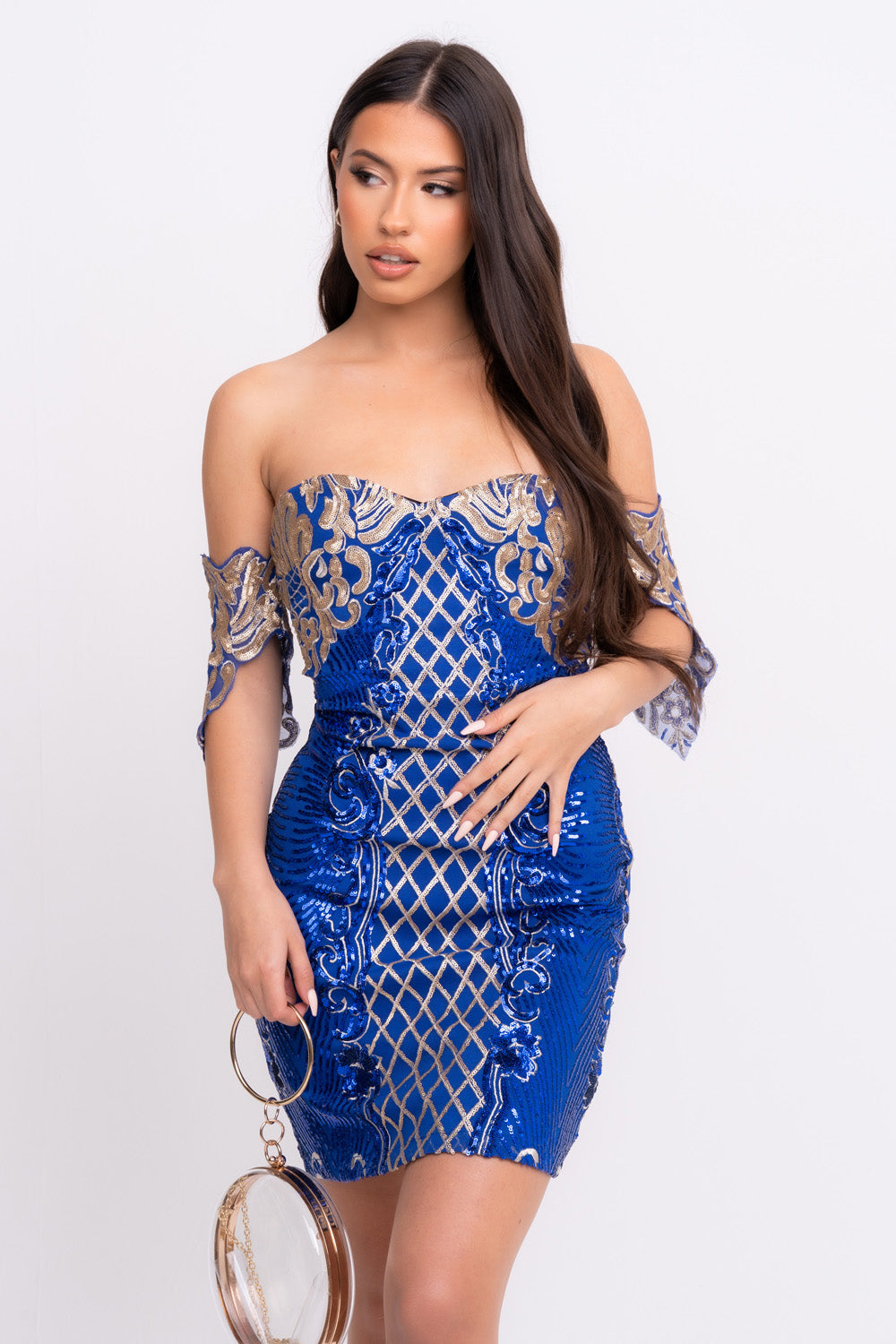 short strapless gold and blue bling dress