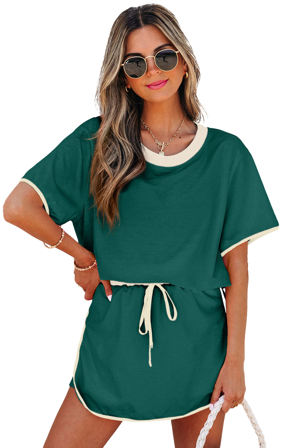Bonbon Colorblock Edge Drop Shoulder T Shirt and Skort 2Pcs Set