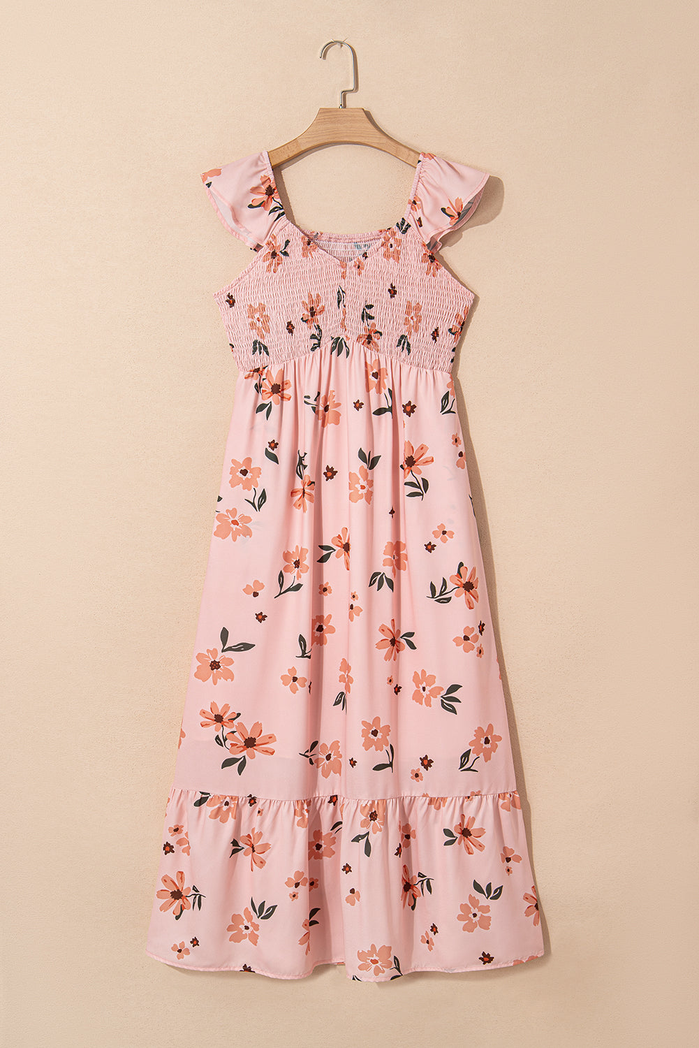 Pink Floral V Neck Smocked High Waist Ruffle Hem Long Dress