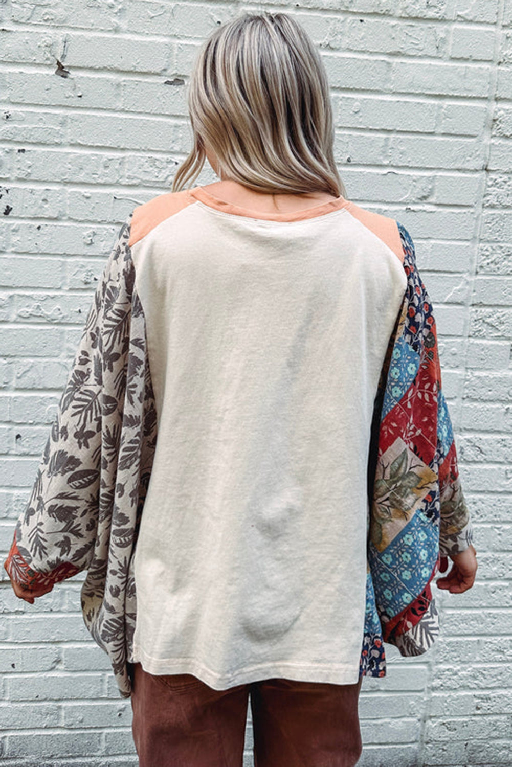 Multicolour Asymmetric Printed Patchwork Sleeve Peace Desert Graphic Top