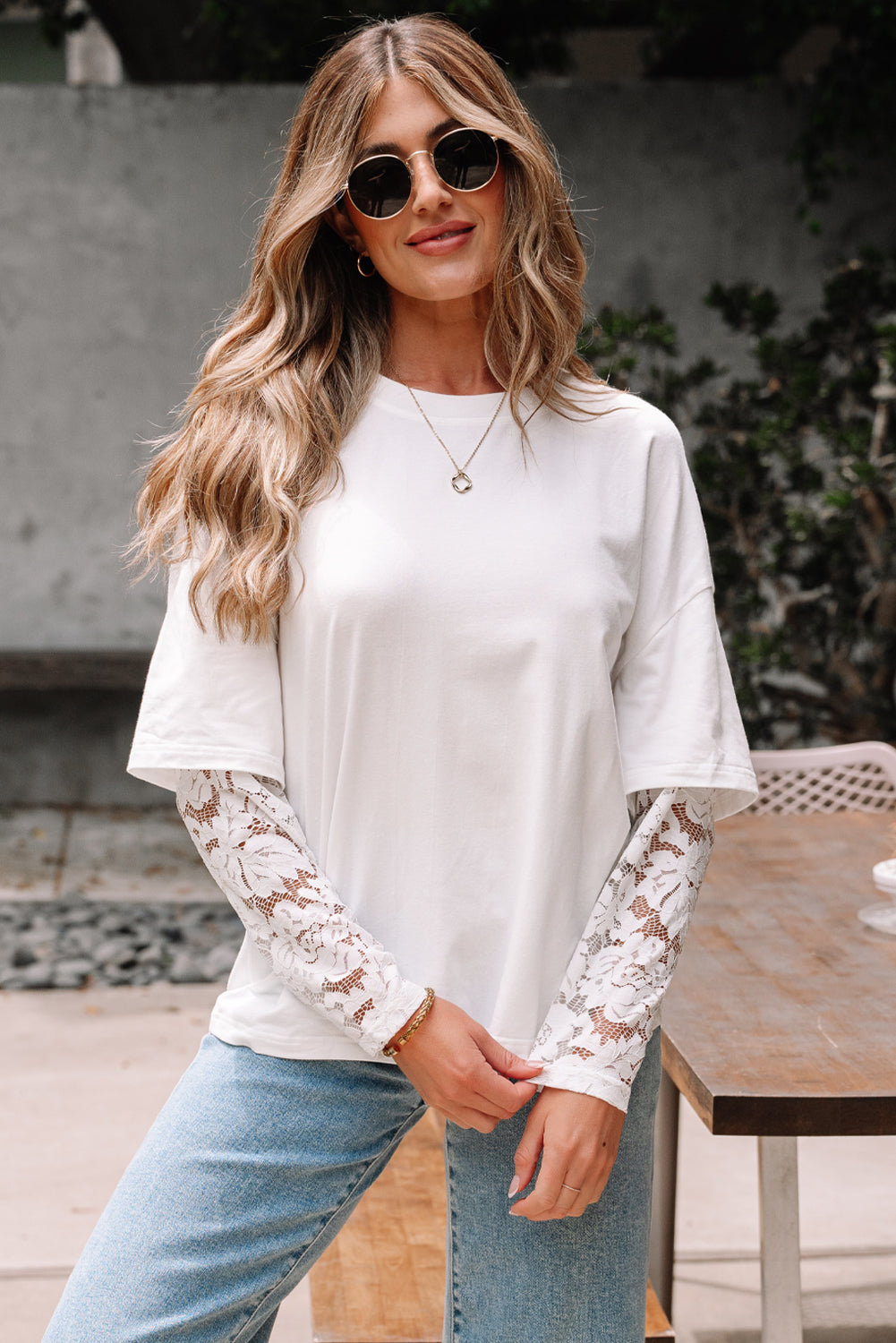 Black Lace Long Sleeve Insert Drop Shoulder Tee