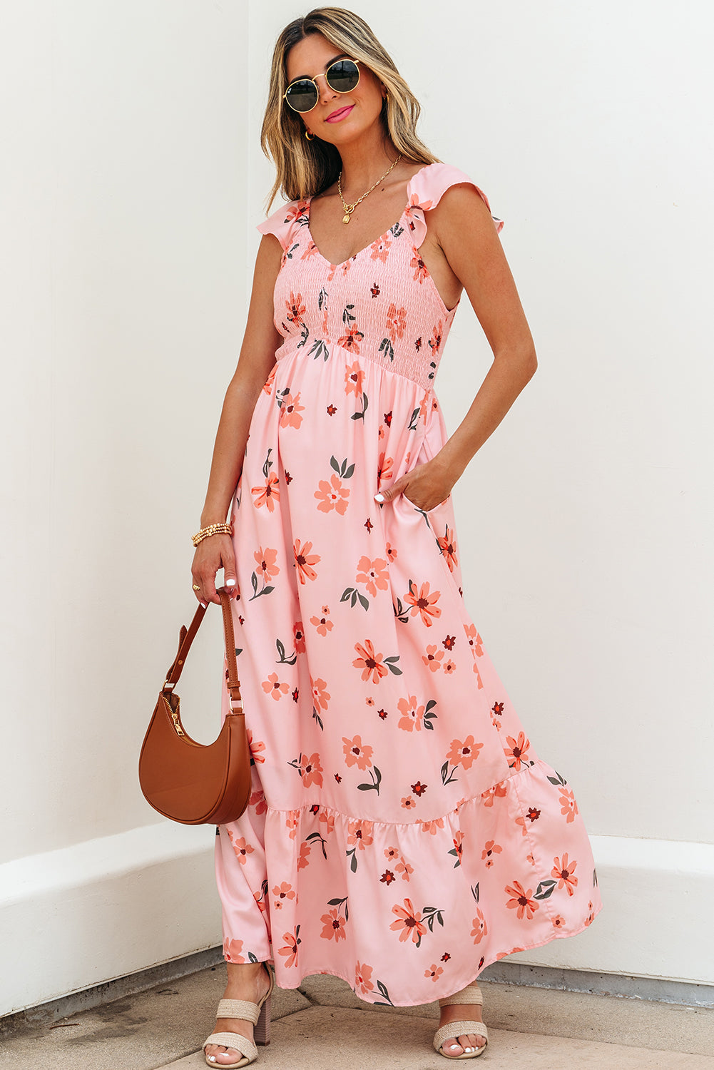 Pink Floral V Neck Smocked High Waist Ruffle Hem Long Dress