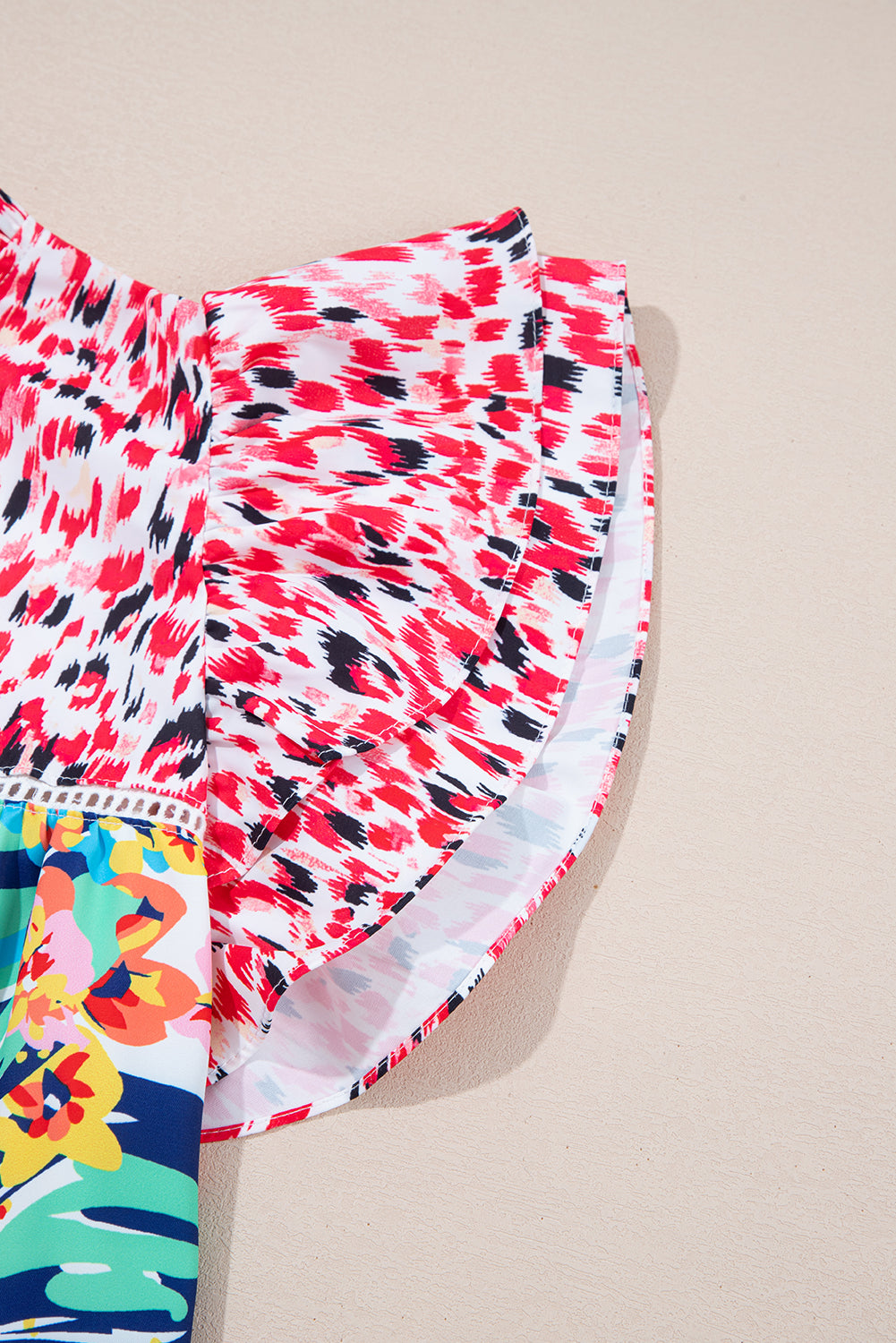 Red Floral Mixed Print Ruffle Cap Sleeve Blouse